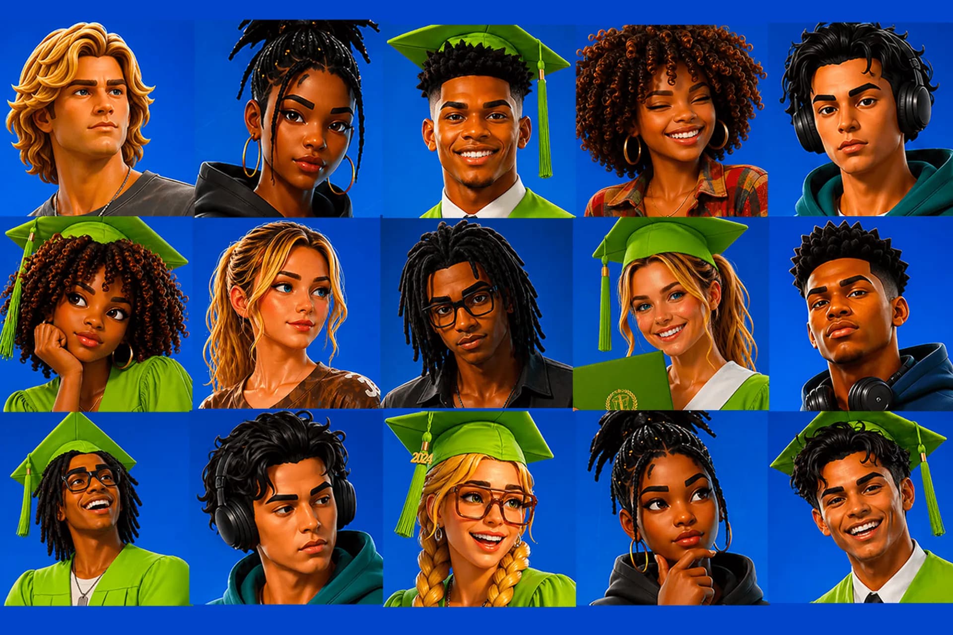 Illustrated portraits of high school students and graduates in green caps and gowns